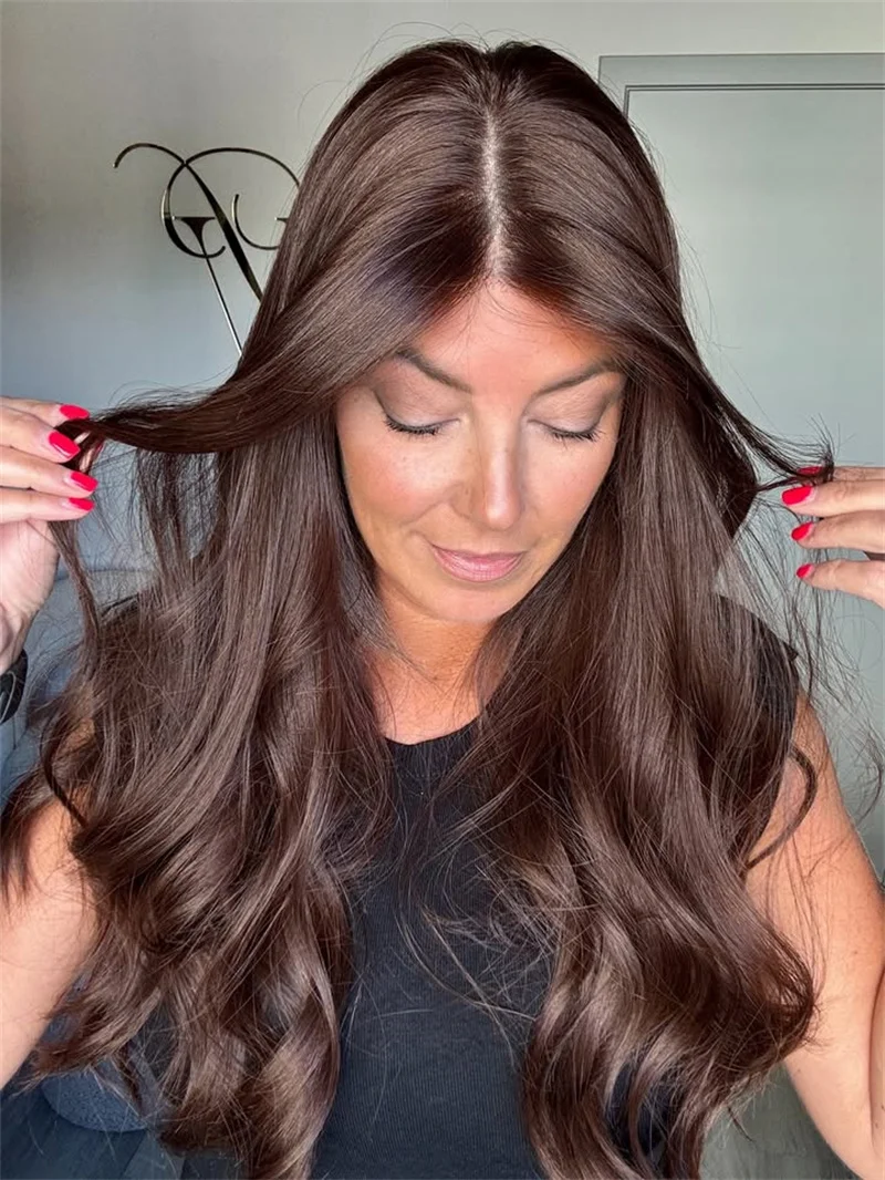 28 Inch Chocolate Brown Lace Front Wig 13x4 Brunette Body Wave HD Lace Glueless Wig Synthetic Fibre Pre Plucked Realistic Wig
