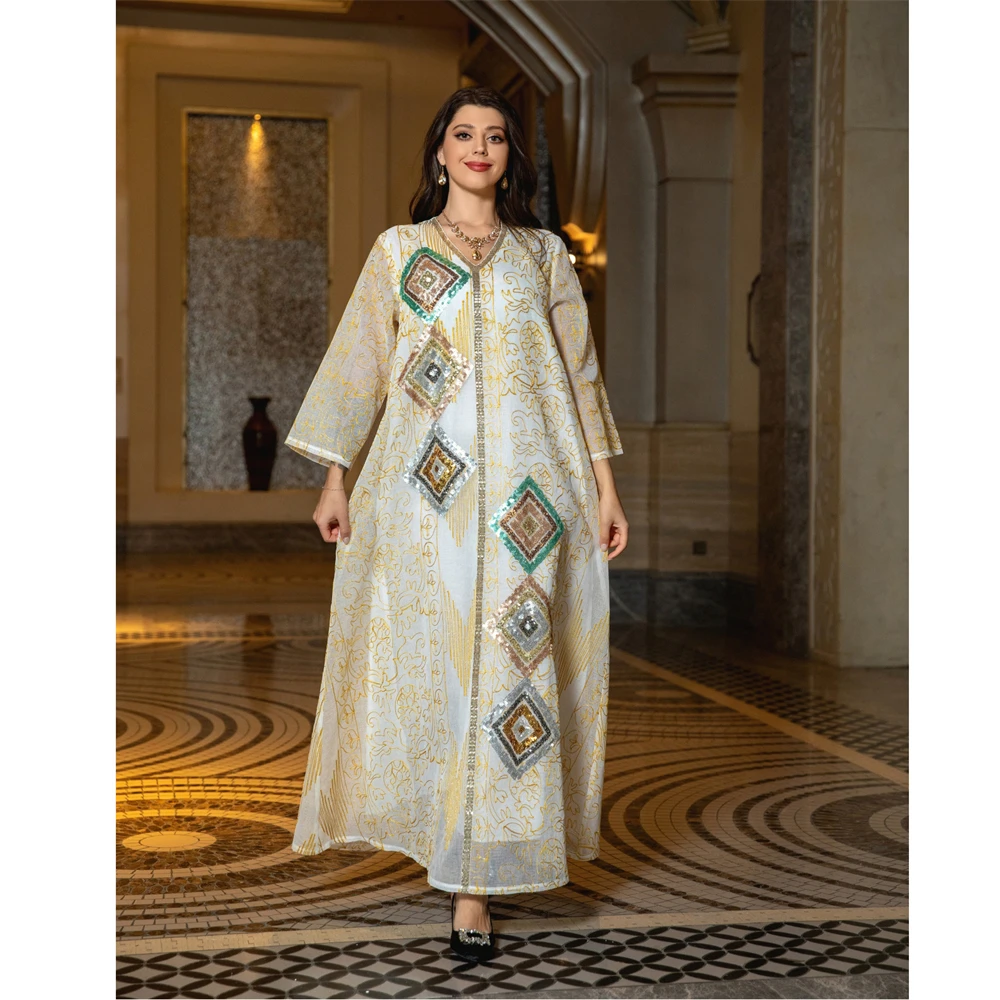 

Marocain Djellaba Kaftan Sequins Abaya Women Muslim Eid Party Dress Dubai Turkish Robe Ramadan Jalabiya Arabic Prayer Clothes