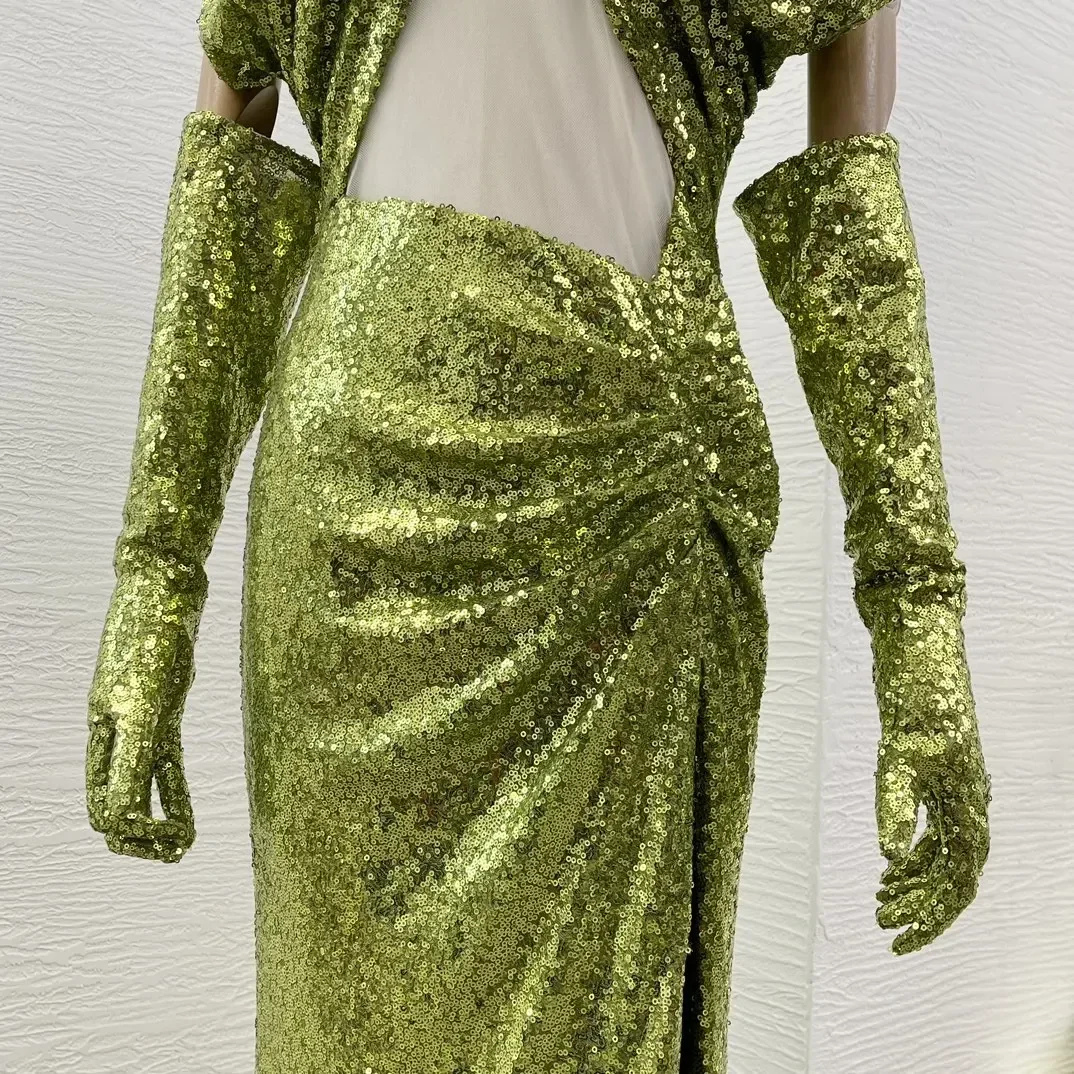 Robe maxi dos nu à paillettes vertes pour dames, manches longues découpées, fente latérale, mode élégante, haute qualité, sexy, nouveau, 2024