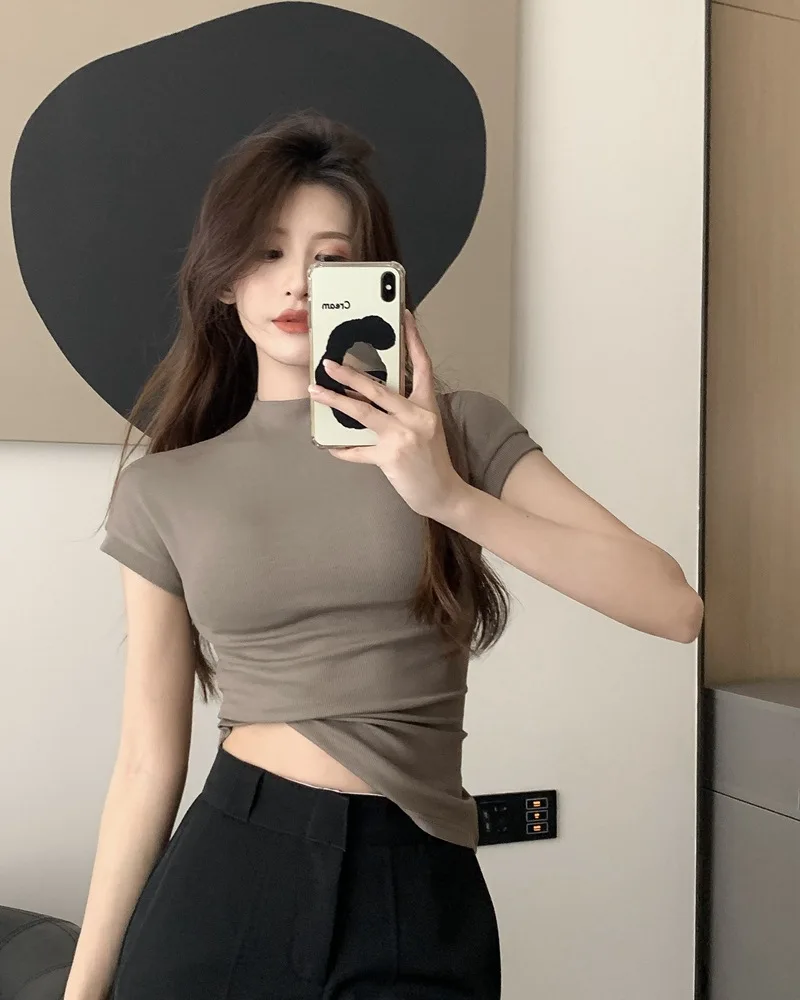 Koreanische Mode Grundlegende Crop Top Dame Kurzarm Crewneck Dünne T-shirt Sommer T für Frauen Vintage Top Harajuku Y2k Streetwear – Detail 2