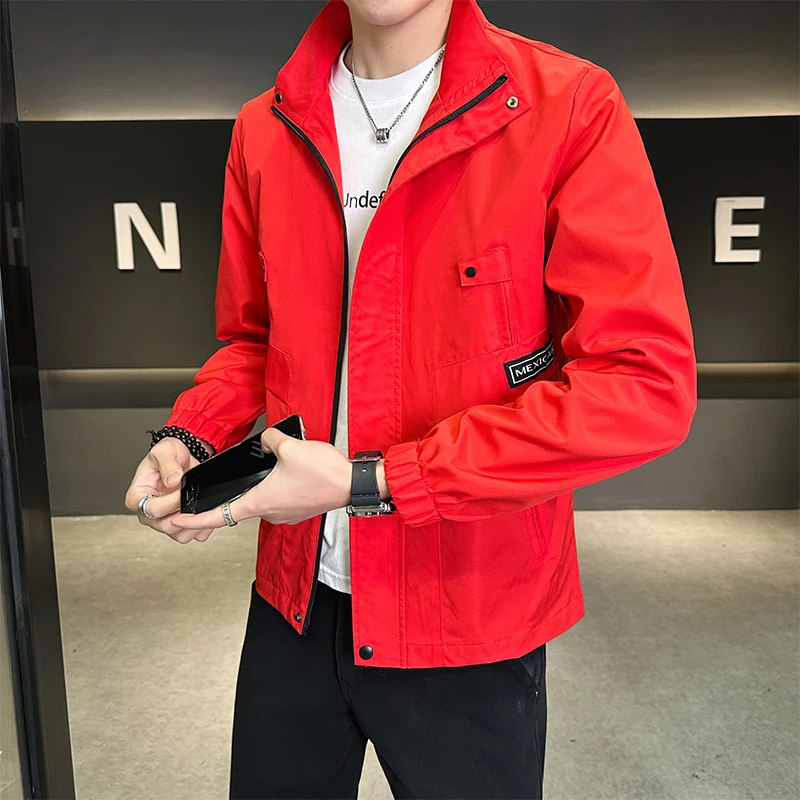 

Весенне-осенняя красная куртка для мужчин, повседневная тонкая рабочая одежда с воротником-стойкой, верхняя одежда из нейлоновой ткани с длинными рукавами, молодежная модная куртка KFGZ Brand