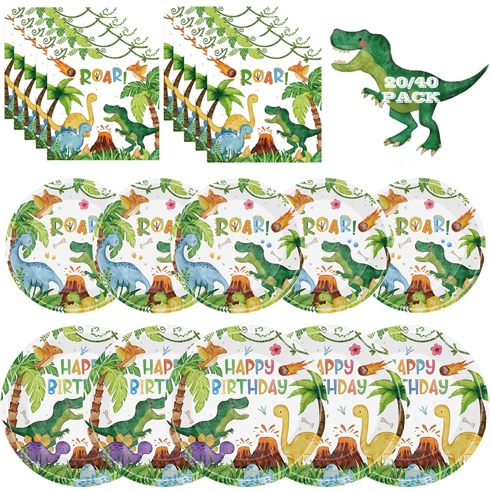 20/40 Stück Dinosaurier-Geburtstagsdekoration, Tischgeschirr, Aquarell-Dinosaurier-Pappteller, Servietten für Jungen, Kinder, Dino-Party-Dekorationszubehör – Detail 2