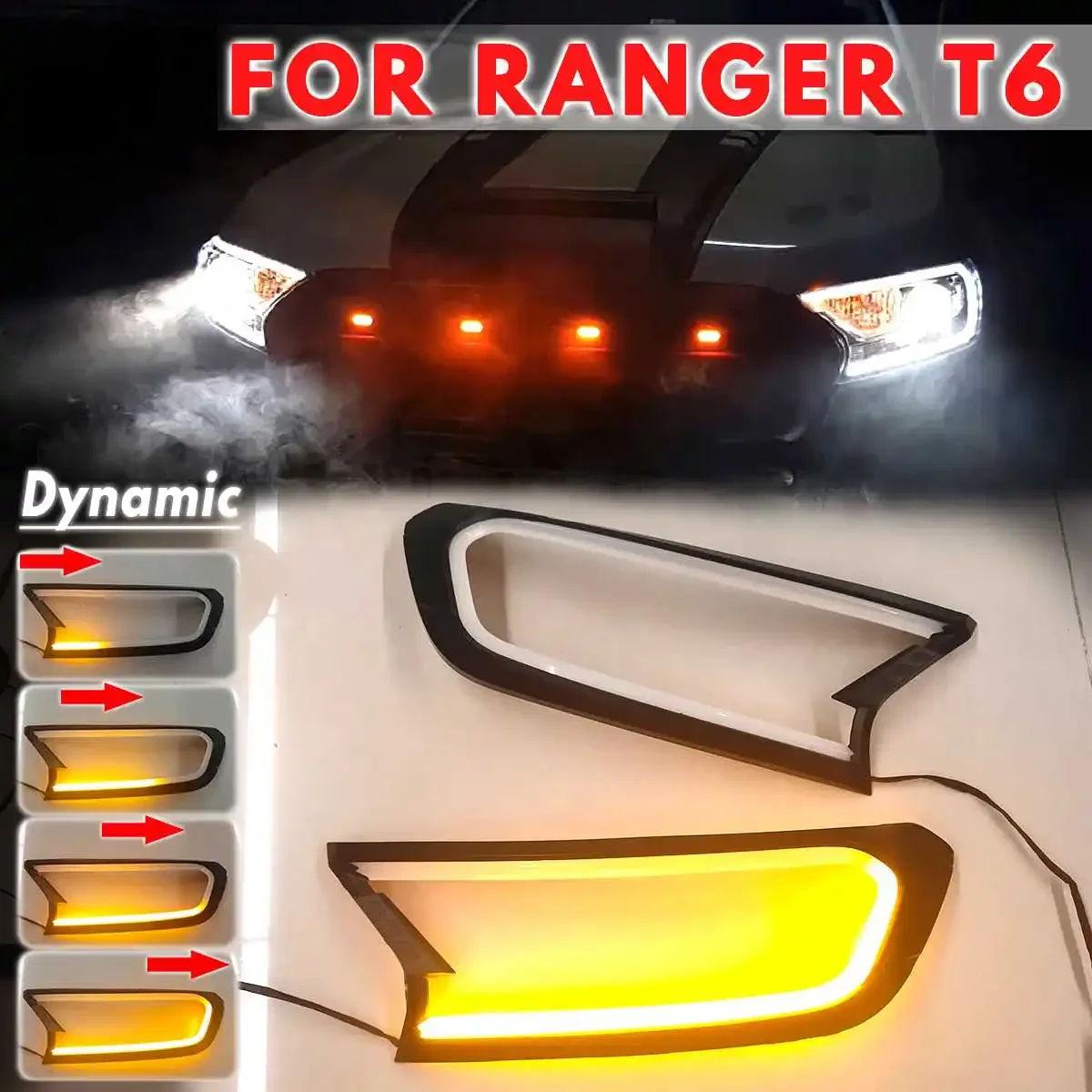 

Dynamic DRL Turn Signal White Amber HeadLight LED ABS Lamp Hood For FORD For RANGER T6 WILDTRAK 2015 2016 2017 2018 Body Kit