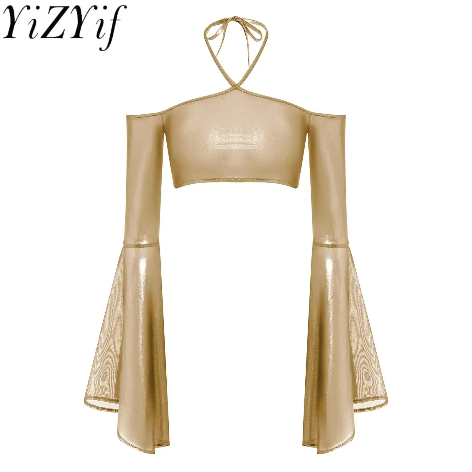 

Women Fashion Off Shoulder Halter Stops Flared Long Sleeve Shiny See Through T-shirt for Camisole Corset Party Club Dance Shirts