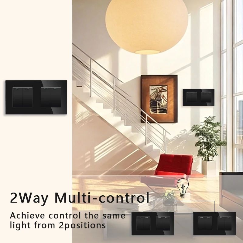 TAWOIA 1/2/3Gang Mechanical Light Switches 2way For Stairs Corridors with EU Power Socket 20W USB Type-C Ports Glass Panel Black
