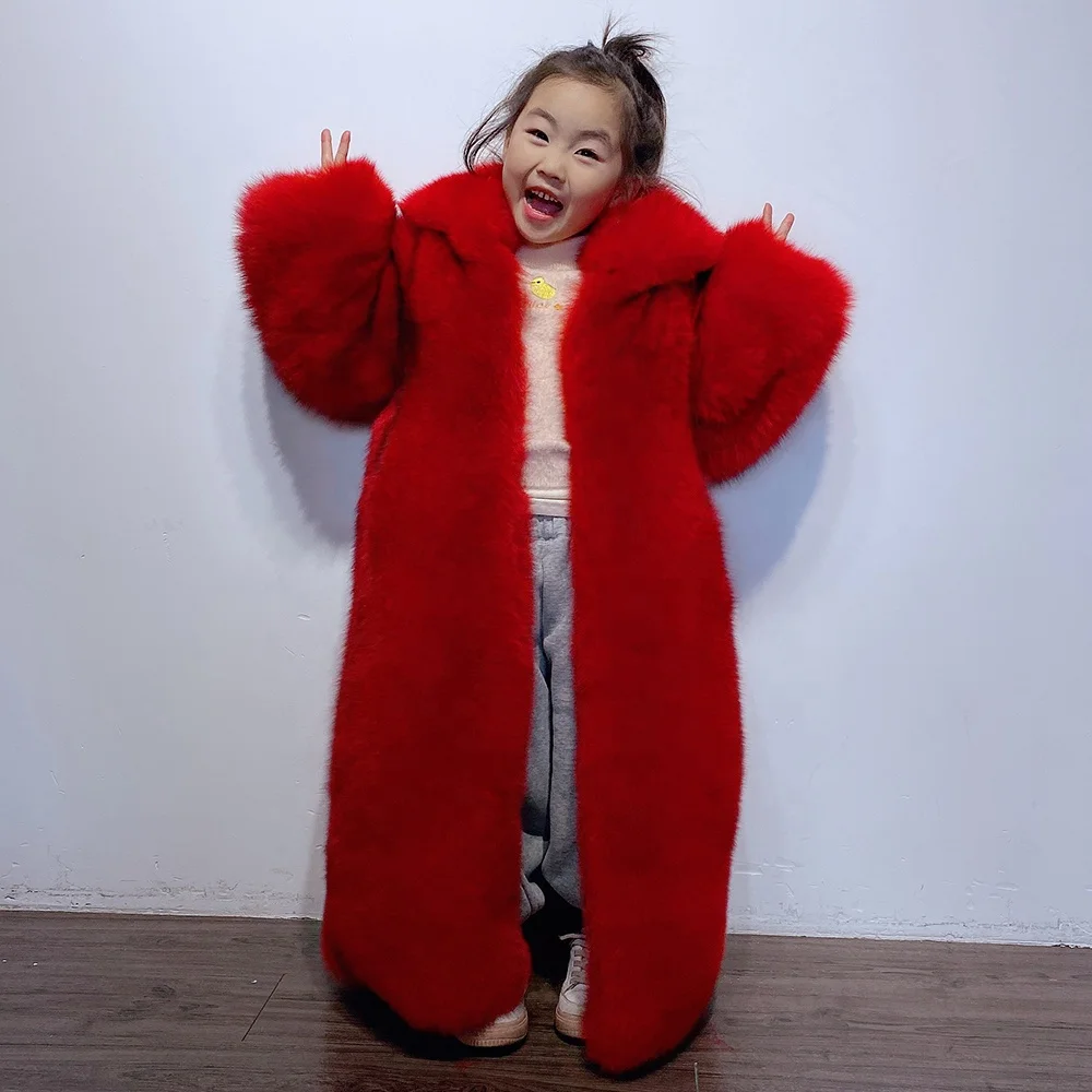 2024 Winter Fluffy Warm Red Fox Fur Long Coat Fox Fur Coat Kid Real Fox Fur Coat