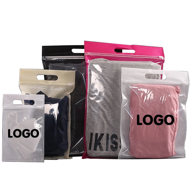 50 stücke Nicht-woven Zipper Kunststoff Tasche Custom Logo Tote Tasche Geschenk Kleidung Verpackung Tasche Home Reise Lagerung tasche