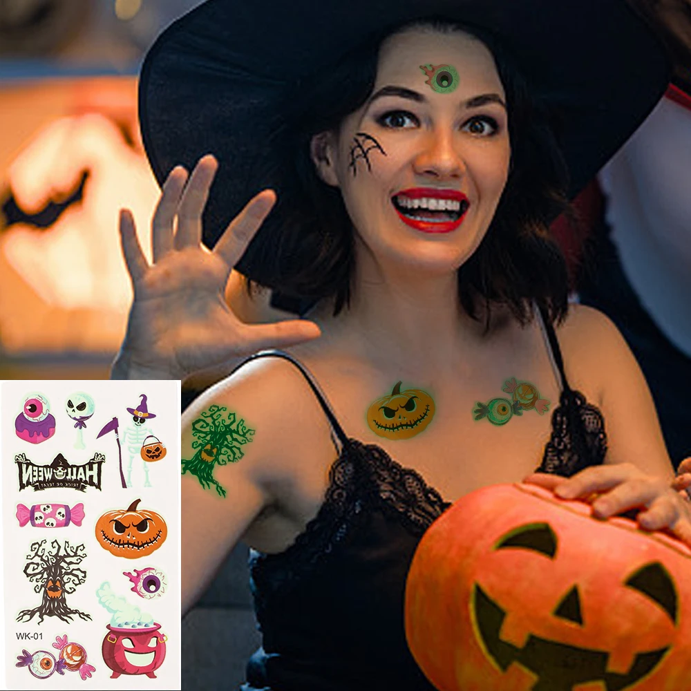 Autocollants de Tatouage Fluorescents pour Halloween, Brcorporelle, Temporaire, Brcorporelle, Bras, Visage, Corps, Musique, ix, Bar de Nuit, Boîte de Nuit, Maquillage