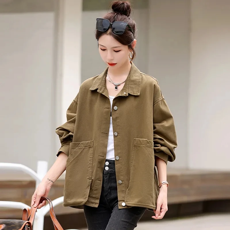 Lazy Tooling Big Pocket Women's Denim Jacket 2025 Spring Autumn New Female Korean Fashion Loose Coat Casual Cowboy Outwear
