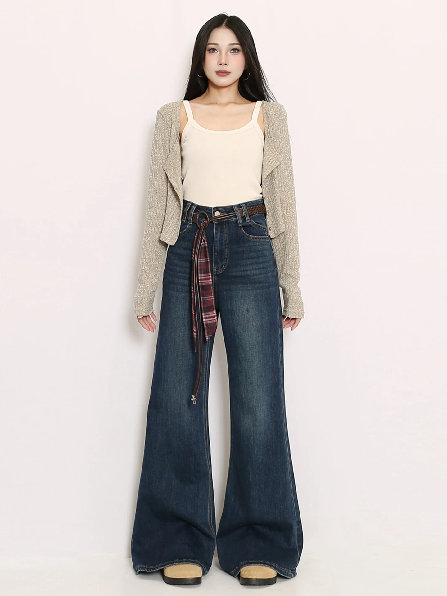 

American Retro High Waist Bell Bot Jeans Women's Design Slimming Wide Leg Pants Casual Blue Denim Bootcut Trousers