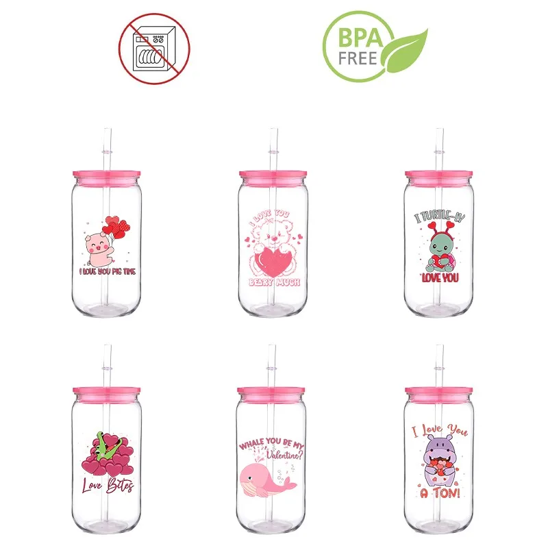 Animals Bear Pig Theme Printed Transfer BPA Free Plastic Straw Cup Comes With Sreaw And Cup Lid Can Coffee 16 OZ Valentines