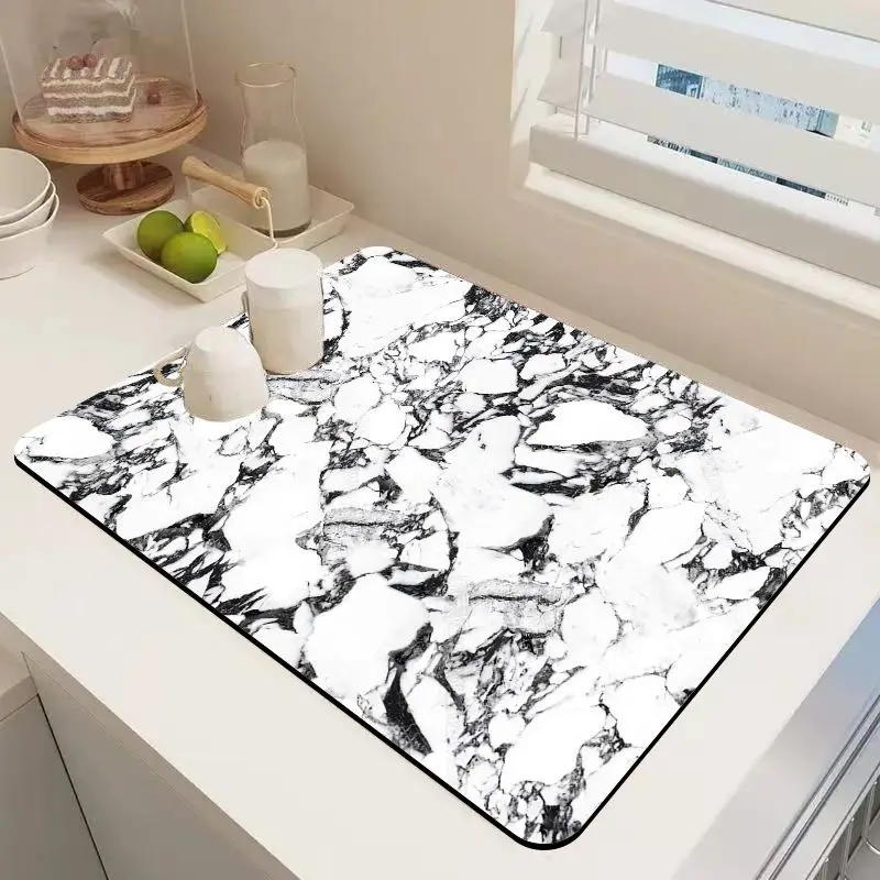 VIKAMA Black White Marble Coffee Mat Quick Drying Absorbent Non Slip Pad Coffee Machine Kitchen Counter Decor Mat