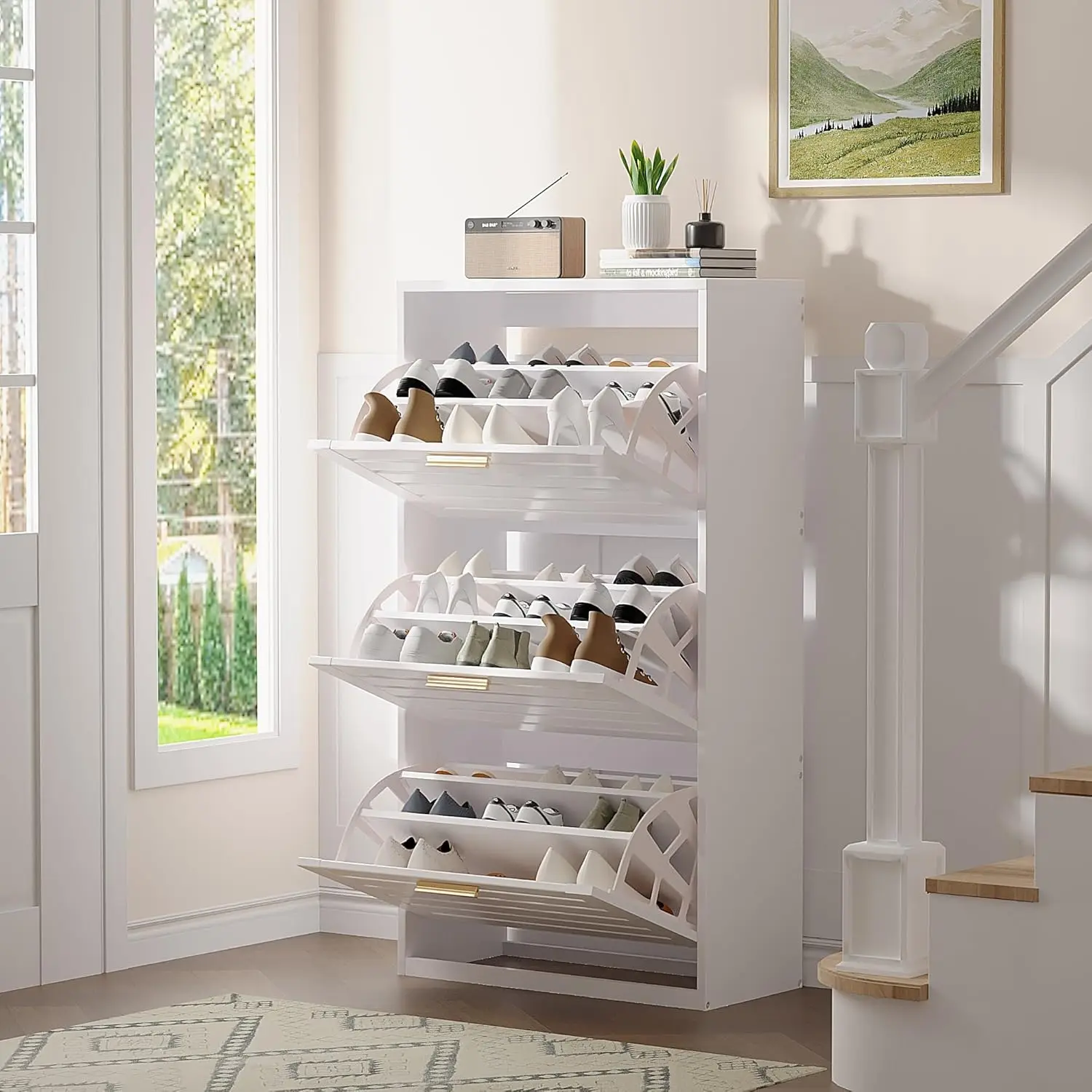 Shoe Cabinet Storage for Entryway with Drawers Slim Hidden Free Standing Organizer for Narrow Hallway, Bedroom, Living Room,