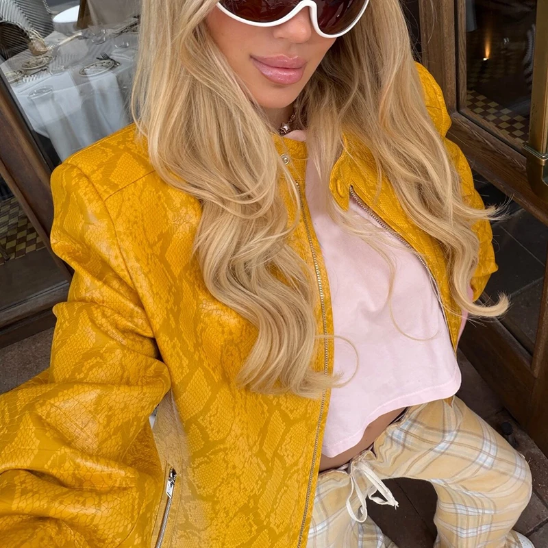 Women Vintage Snake Pattern Pu Leather Jacket Stand Collar Shoulder Pads Zipper Short Biker Coat Y2k Daily Casual Streetwear