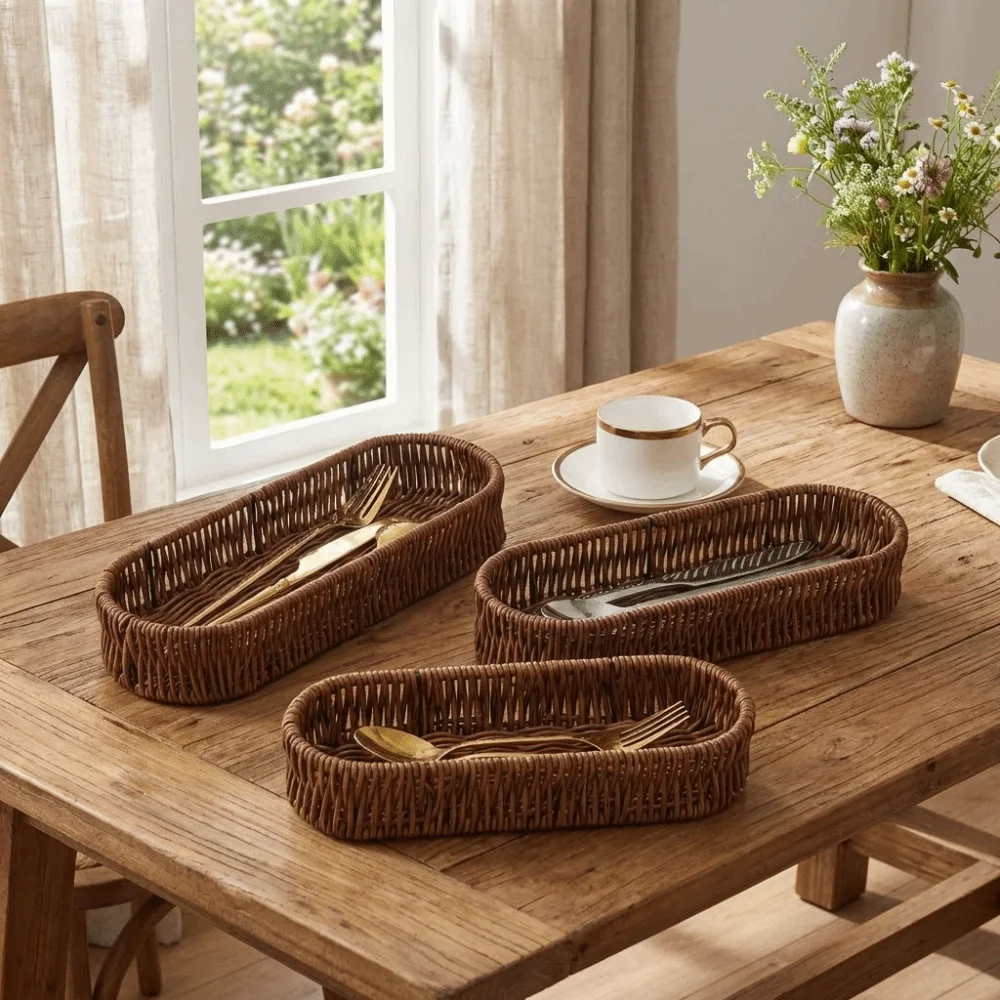 

Oval Shape Tableware Storage Basket Retro Plastic Dinnerware Storage Tube Decorative Minimalist Faux Wicker Tray Dining Room
