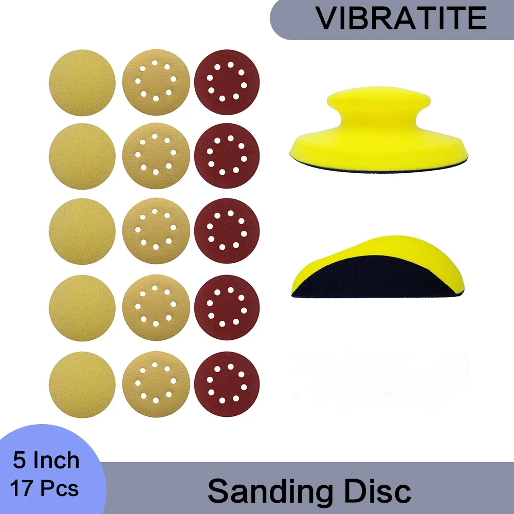 5 inch Sanding Disc with 2pcs Holder Hand Grinding Block Backing Polishing Pad PU Foam 15pcs Round Sandpaper for Polishing Wood