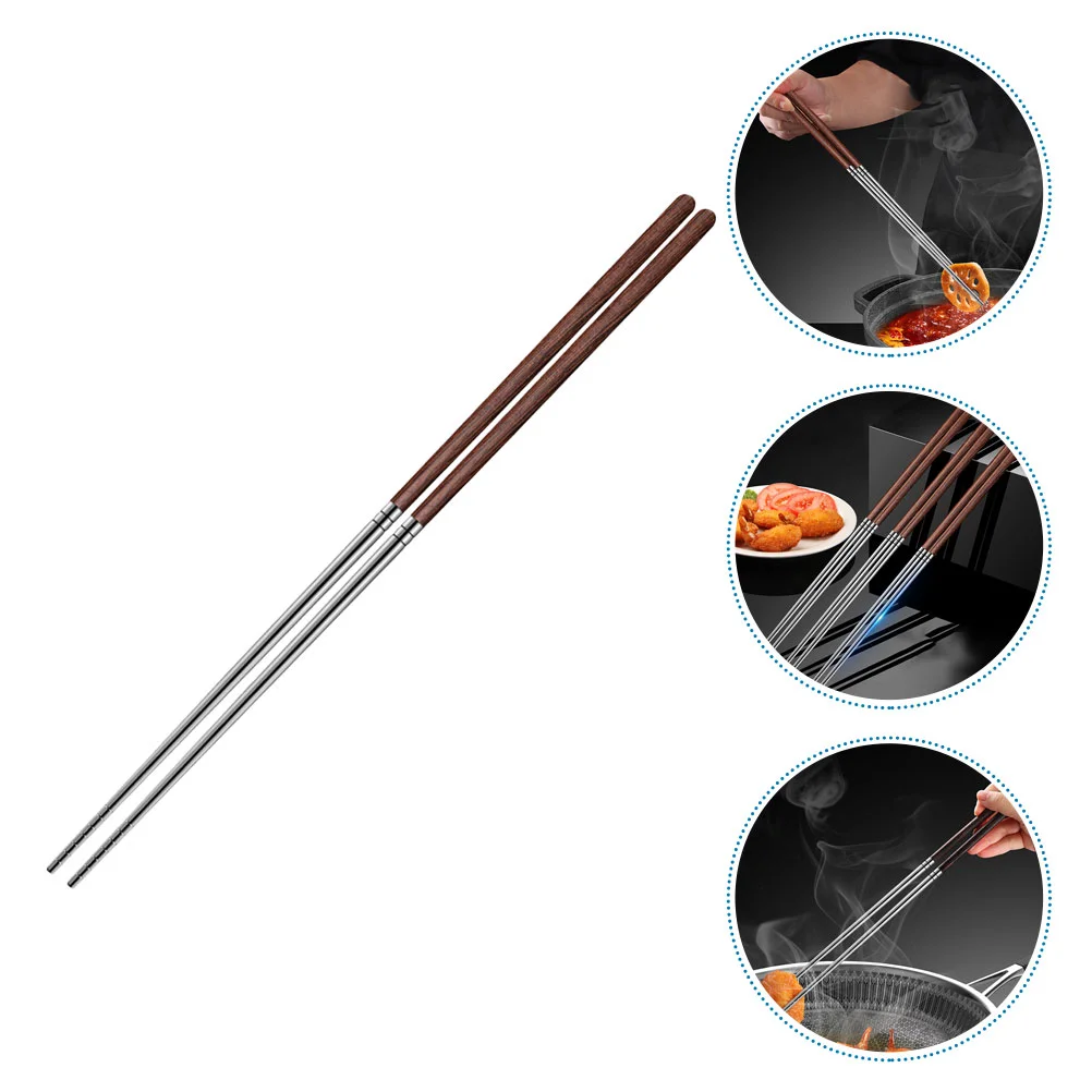 Fried Chicken Wing Wood Chopsticks Long Noodle Reusable Handle Frying Cooking Stainless Steel Saucer