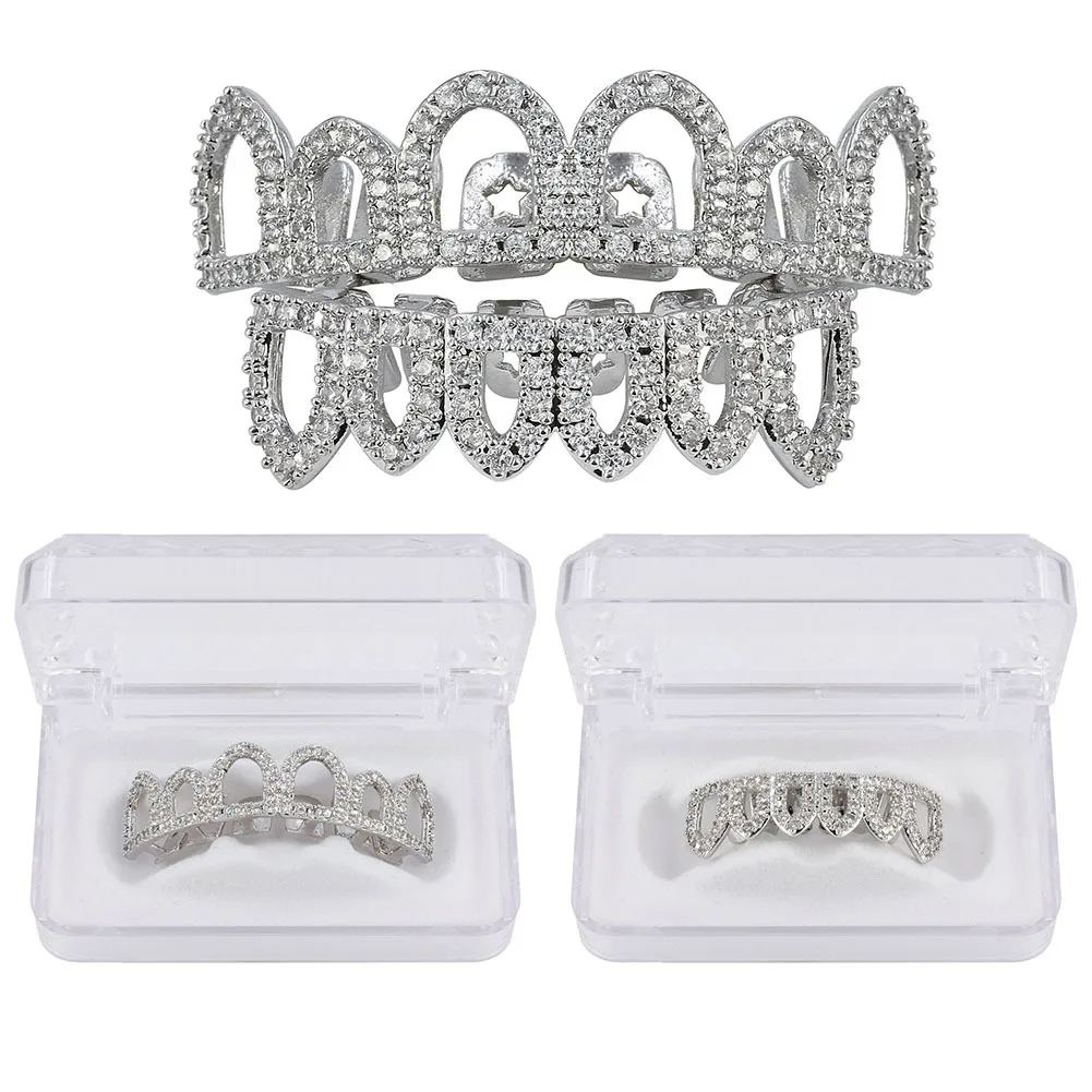 Hollow Teeth Grillz Set For Unisex Top Bottom Iced Out Cubic Zirconia Stone Brass Material Hip Hop Cosply Jewelry For Man