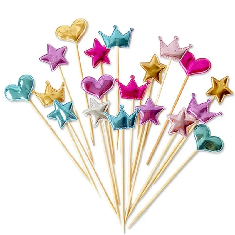 50pcs Cupcake Toppers Sequin Heart Star Crown Cake Toppers for Baby Shower Party Wedding Christmas Cake Decoration Supplies