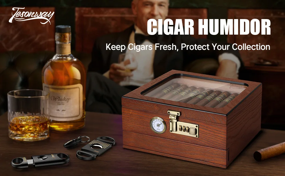 Zigarren-Humidor, Zedernholz-Humidor, Zigarrenbox, Glasplatte, Desktop-Humidor mit Front-Hygrometer, Luftbefeuchter, Teiler, Zubehör, Schublade – Detail 1