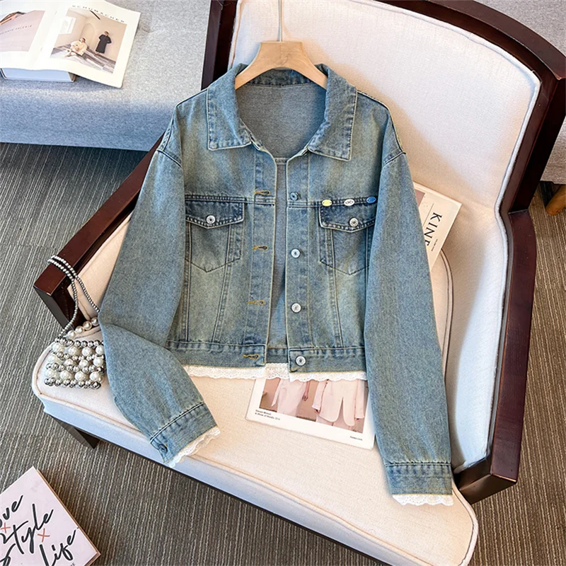 Spring Korean Lace Patchwork Blue Short Denim Jacket Casual Lapel Long Sleeve Single-Breasted Women Cowboy Coat Chaqueta Mujer