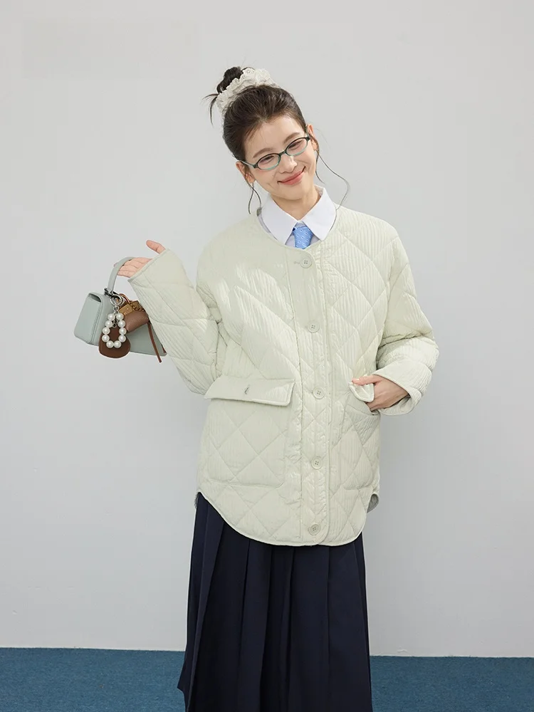 

Warm Casual Cotton Jaet Women's Autumn Winter Loose Fit Diamond Patterned Long Coat Straight Cut round Ne Single Button