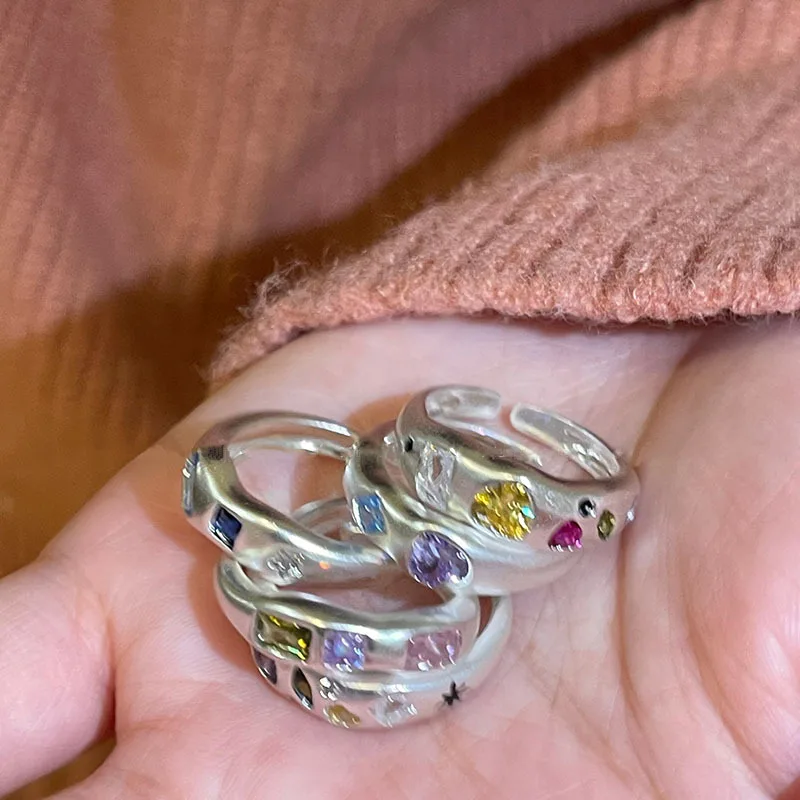 Natural Stone Colorful Zircon Ring Irregular Geometric Heart Opal Jewelry for Women Girls Y2K Finger Ring Wedding Party Gift