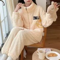 Autumn Winter New Women's Pajama Set Zipper Up Turtle Neck Long Plush Embroidery Thickened Warm Home Clothes Suitable Outerwear