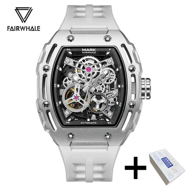 Mark Fairwhale White Automatic Watch For Mens Sports Tonneau Skeleton Watches Man Fashion Tourbillon Mechanical Wristwatch Reloj