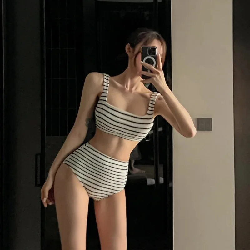 Korean Style Summer Stripe Women High Waisted Swimwear Female Push Up Swimsuit 2024 Swimming Bathing Suit Bikini Set Beach Wear