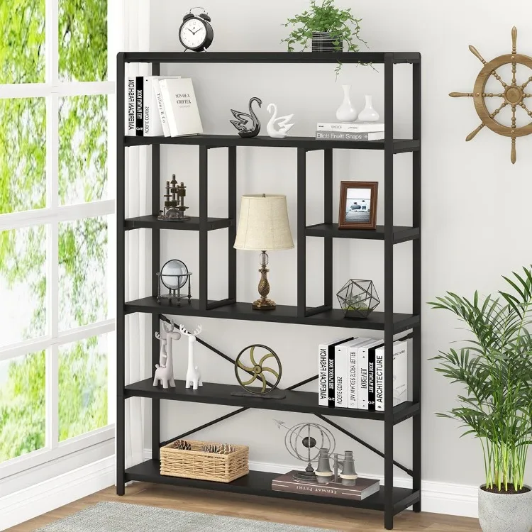 6 Tier Tall Black Bookshelf, Modern Large Wide Book Rack Storage, Industrial Wood Metal Etagere 6 Shelf Bookcase