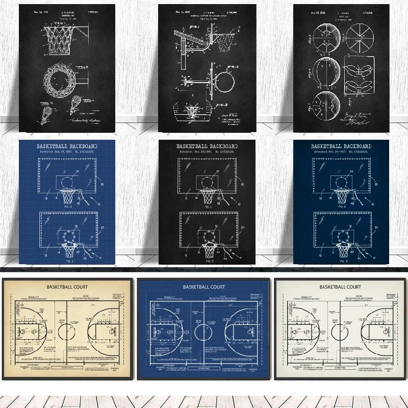 Basketball Court Posters Canvas Art Prints , Sports Basketball Canvas Painting Retro Wall Picture Boys Room Art Decor