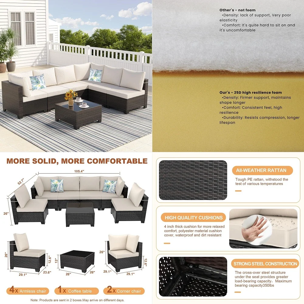 

Pieces Outdoor Conversation Sectional Rattan Sofa, Patio Furniture Set, with Wicker and Cushions for Garden and Backyard Brown
