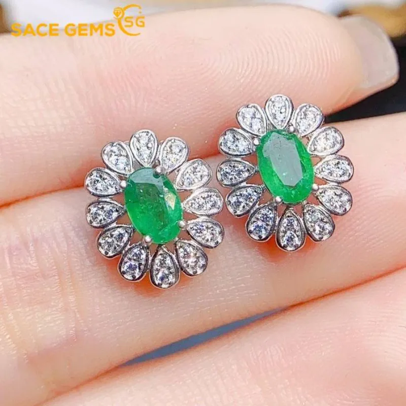 

SACE GEMS Fashion Jewelry Earrings for Women 925 Sterling Silver 4*6MM Natual Emerald Stud Earrings Wedding Party Fine Jewelry
