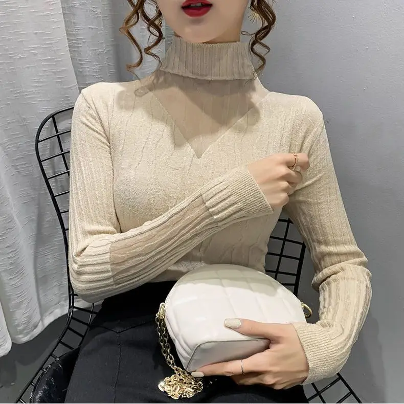 Mesh Splicing Knitted Sweater 2026 Spring Autumn Women's Elastic Slim Turtleneck Long Sleeve Sweater Office Lady Elegant Shirt 5