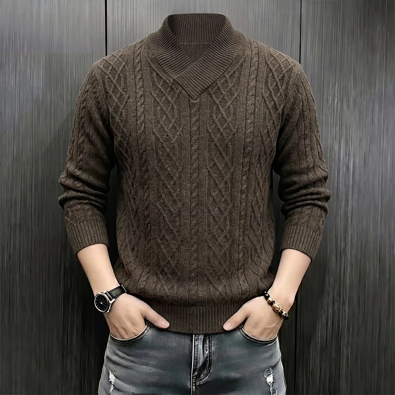 Men Solid Shawl Collar Cable Knit Pullover, Heavyweight Thick Warm Textured Long Sleeve Daily Office Winter Knit Sweater Top