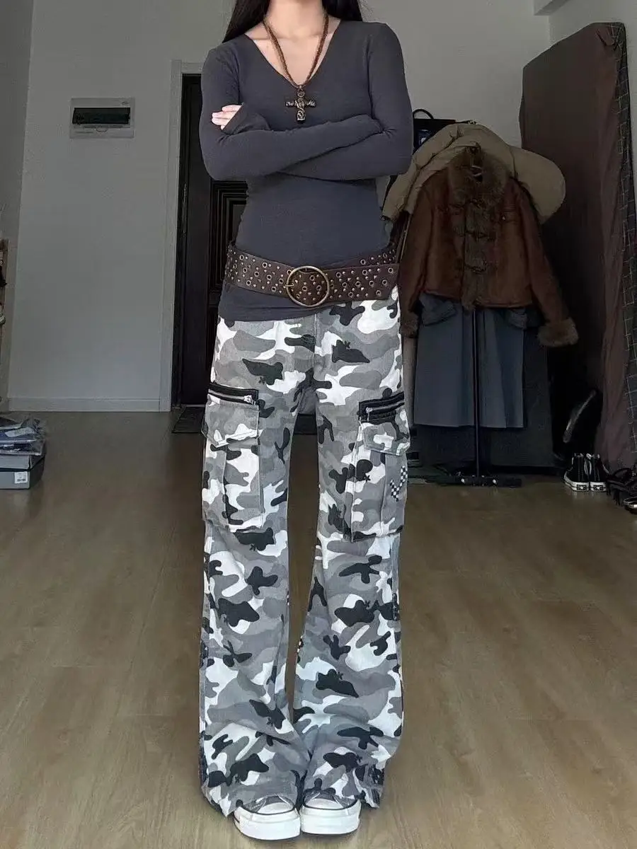 

American Street Style Slim Fit Casual Loose Straight Leg Camouflage Pants Men's Vintage Long Trousers Trendy Workwear Jeans