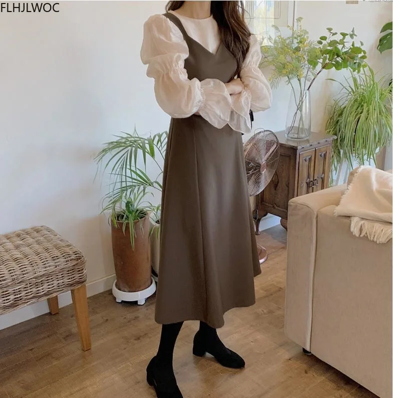 Long Chic Vestidos Fasion Women Cute Sleeveless Dresses Sweet Japanese Korean Style Preppy Girls A Line Slip Shirt Dress