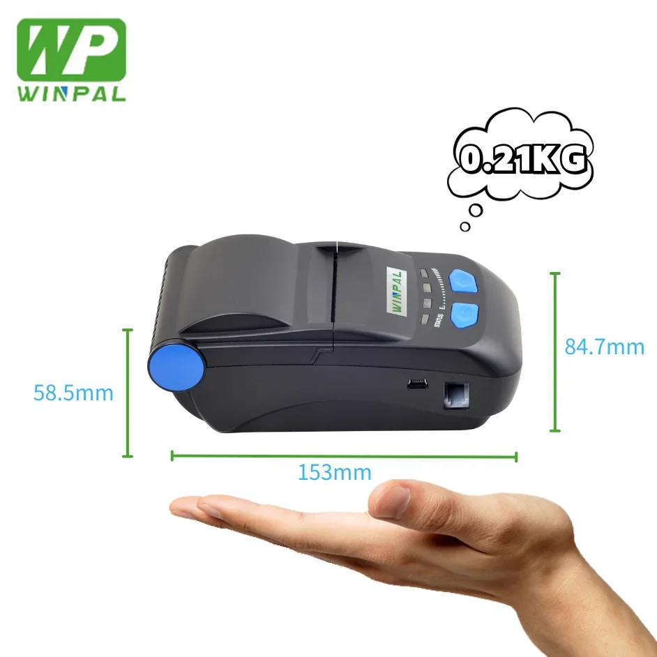 Winpal WP-M58 Portable Mobile Printer 58mm Paper Width USB+BT Connection Wireless Thermal Printer