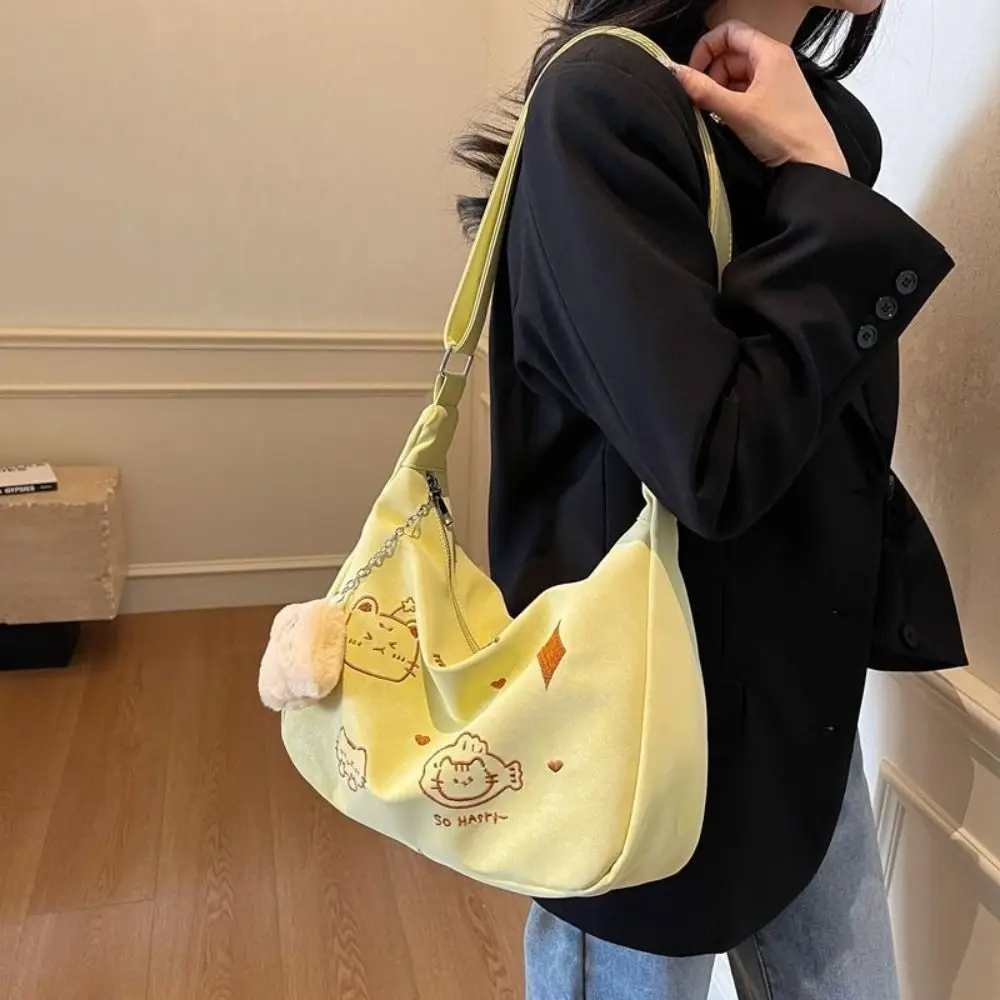 Borsa a tracolla con gatto carino di grande capacità Ricamo Nuova borsa a tracolla con tracolla alla moda Borsa da pendolarismo casual in stile Kawaii