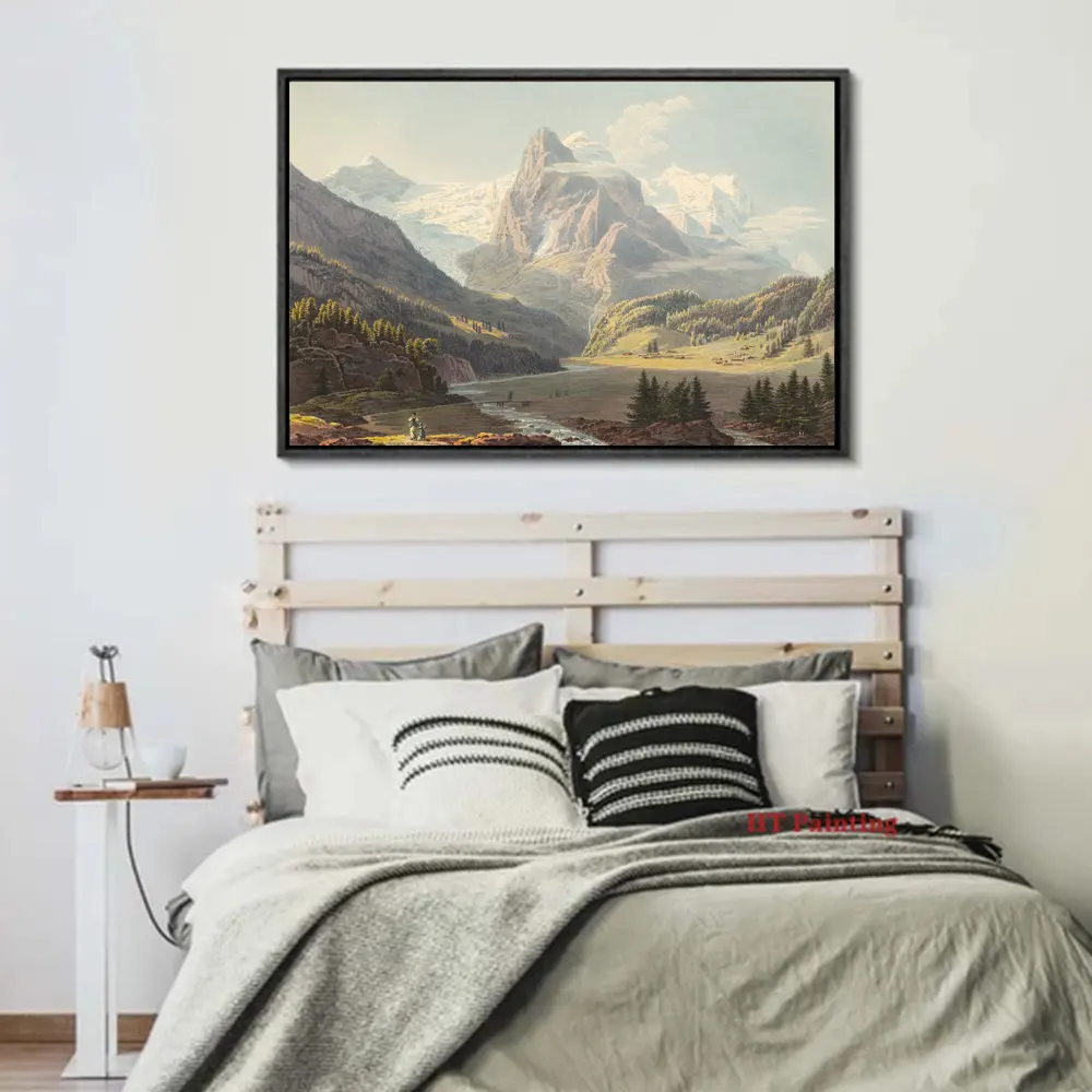 Vintage Rustic Mountain And Lake Landscape European Countryside Painting Canvas Poster Wall Art Pictures Home Bedroom Decor