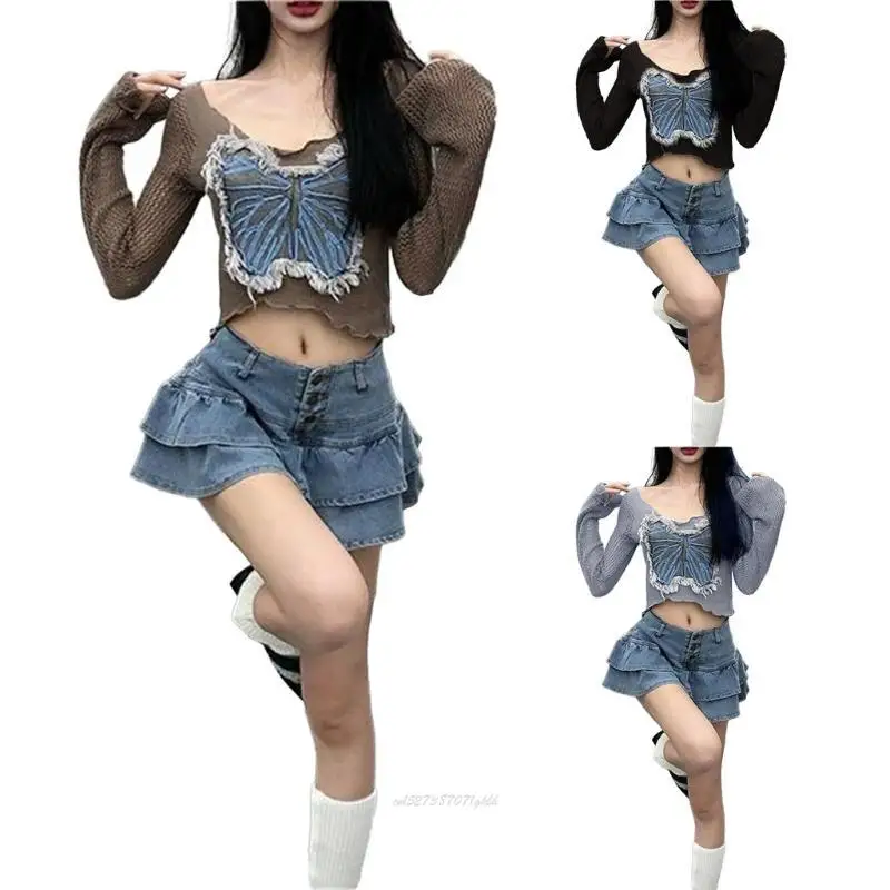 

X5XA Fashionable Butterfly Knitted Pullover Women V Neck Sweater Long Sleeve Top