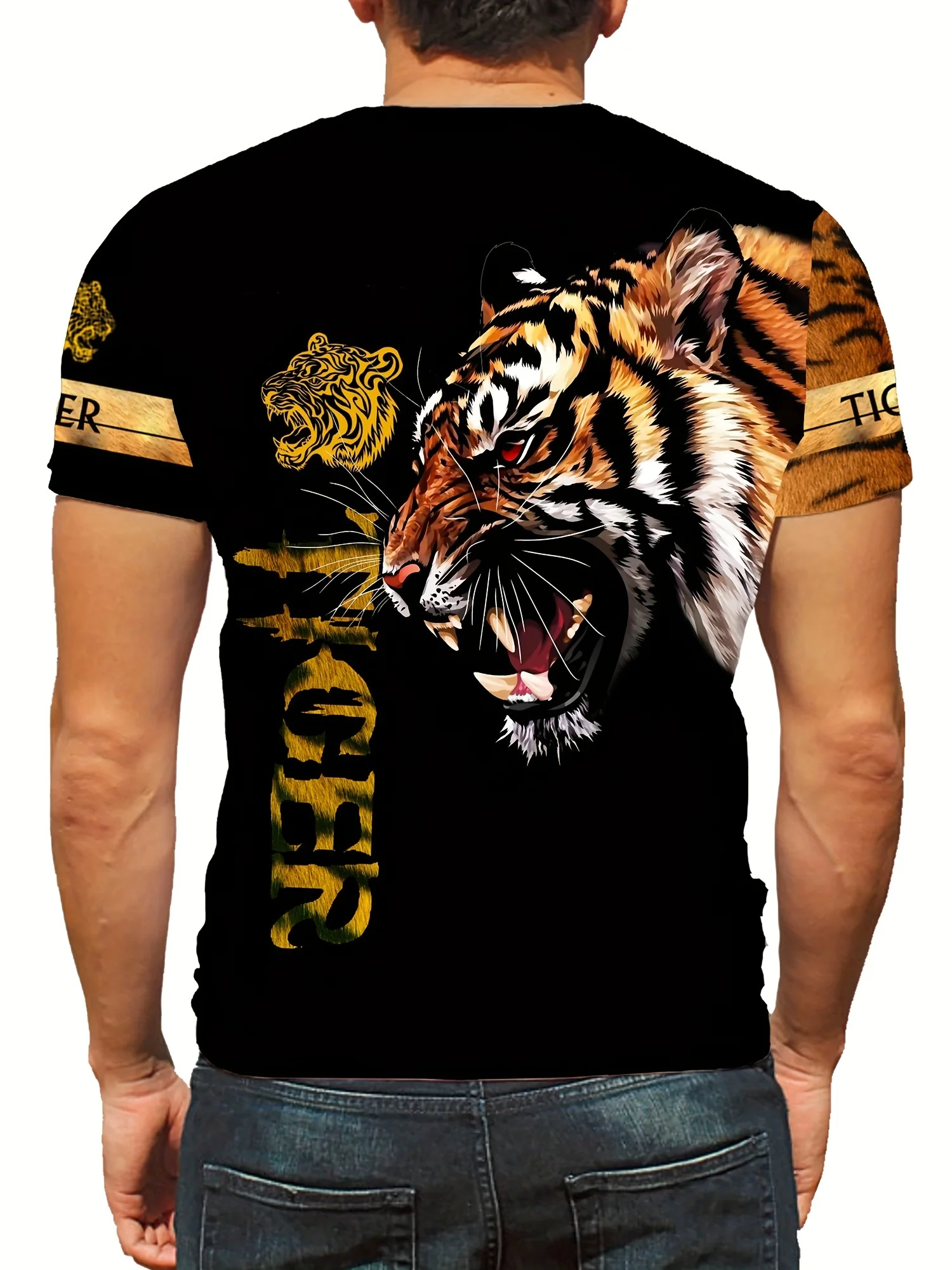 Men's 3D Fierce Tiger Graphic Tee - Comfortable Polyester Blend, Short Sleeve, Round Neck, Machine Washable