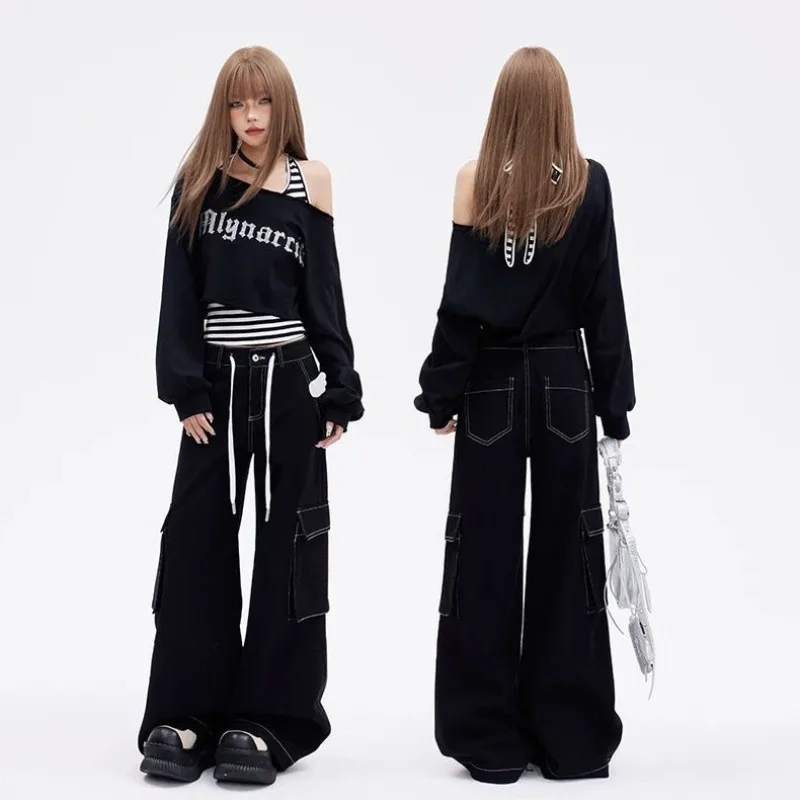 Deeptown Black Cropped Sweatshirts Women Y2k Off Shoulder 2000s Aesthetic Striped Two Pieces Sets Lace Up Gyaru Streetwear Retro