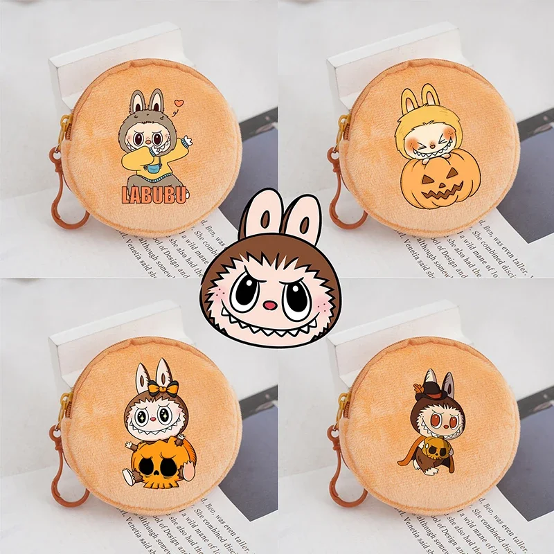 POP MART Labubu Round Plush Coin Purse Cute Cartoon Print Wallet Girl Kawaii Portable Mini Storage Bag Fashion Handbag Kids Gift