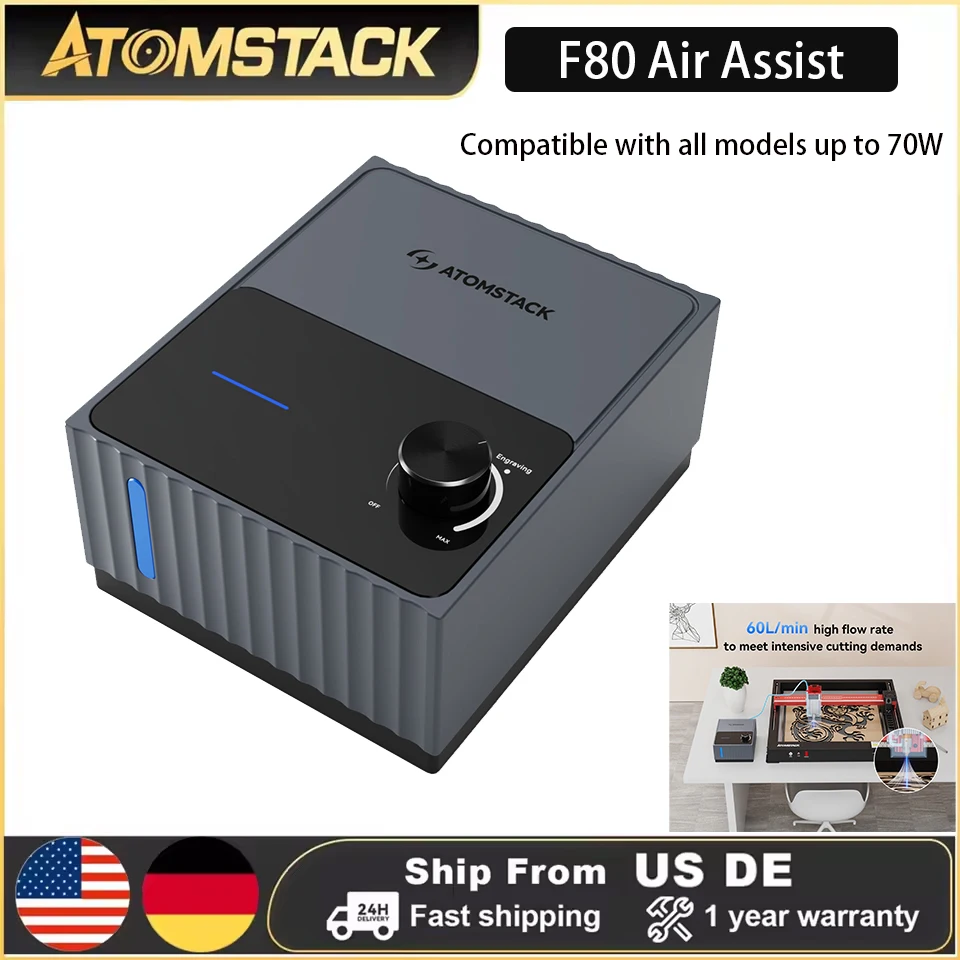 Atomstack F80 Air Assist Pump for L aser Engraver Powerful Smoke Removal Improve Cutting Precision Low Noise Air Pump Compatible with A20/S20/X20 L aser Cutter Accessories Compatible with devices under 70W L aser Engraving Accessories Cleaner Cutting