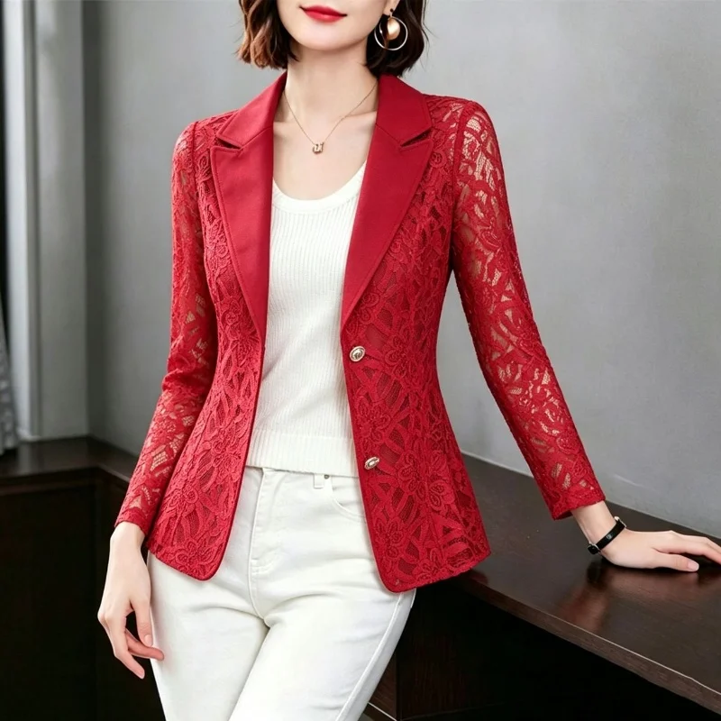 Red Lace Blazer Women Floral Pattern Long Sleeve Notched Collar Slim Fit Single Breasted Jacket Office Lady Spring Autumn