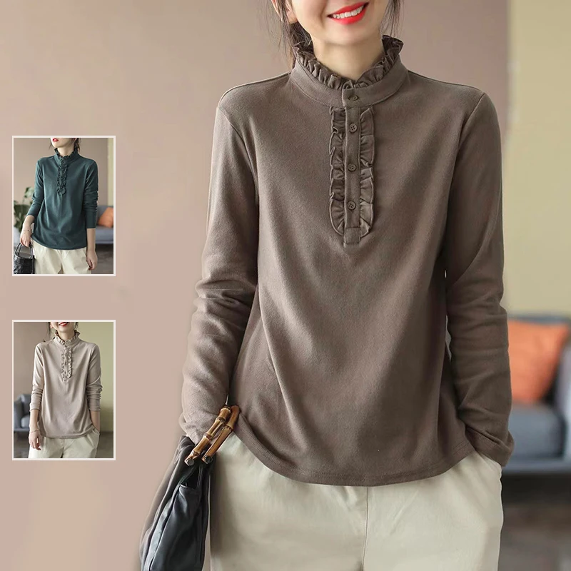 

Осень-зима, женская длинная футболка больших размеров с однотонным бархатной основой irt, модный топ с деревянным воротником, универсальная футболка