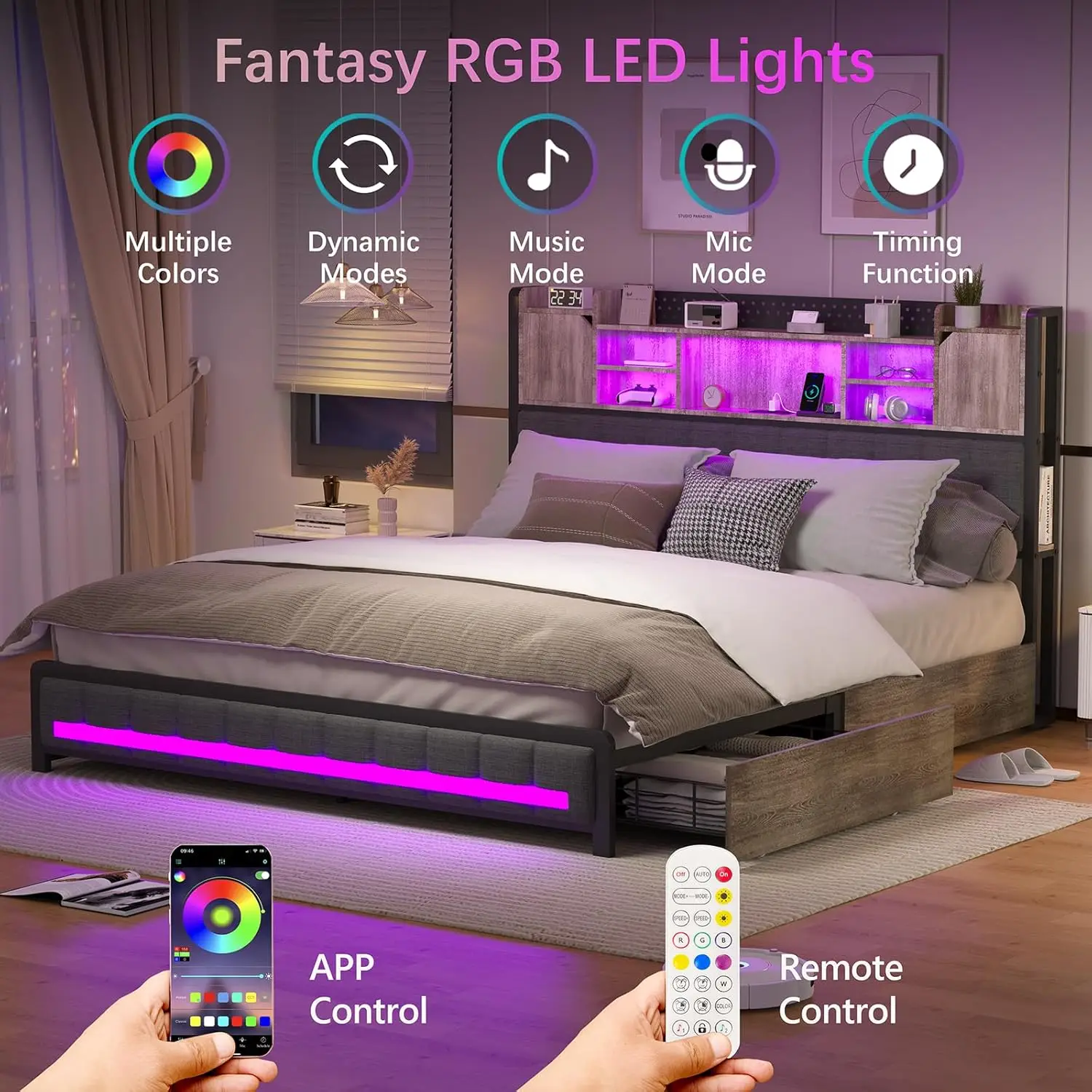 Quadro cama cheia com gavetas de armazenamento, estante cabeceira, estofados cama, estação de carregamento USB, luzes LED, 4 Tamanho