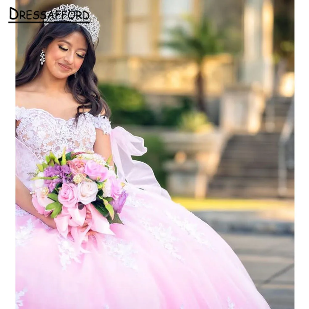 PInk Lace Quinceanera Dresses Ball Gown Plus Size Off Shoulder Masquerade Mexican 15 Year Old Sixteen Sweet 16 Prom Dress